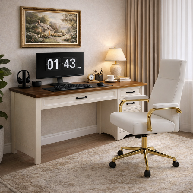 47 Inch Brown White Computer Desk and Office Chair Set with Storage Drawers-2
