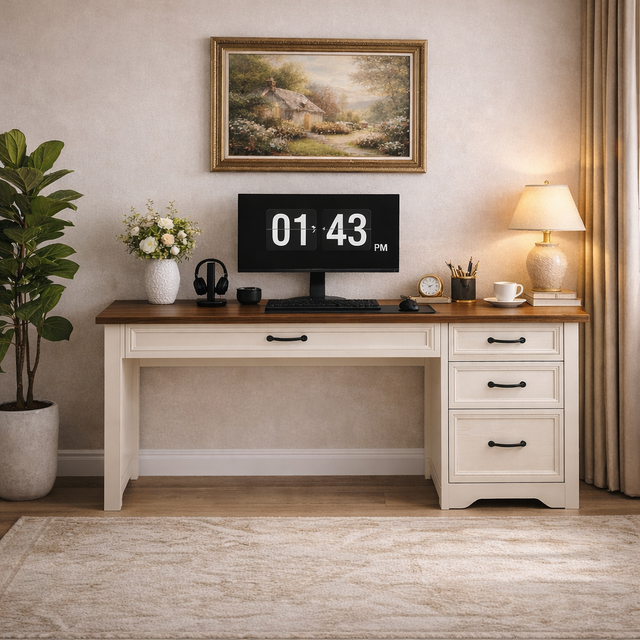 47 Inch Brown White Computer Desk and Office Chair Set with Storage Drawers-3