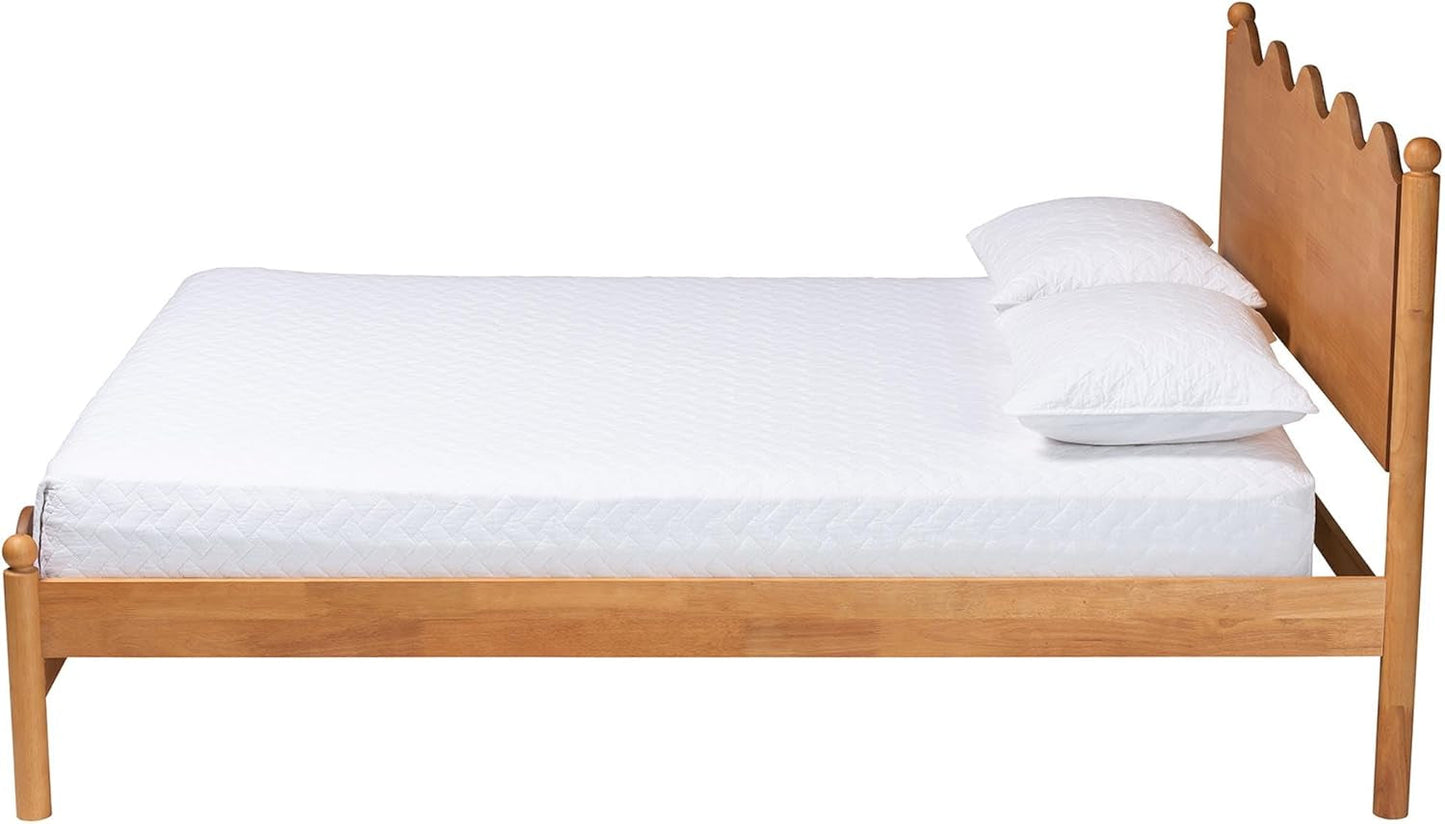 Queen Platform Bed Oak Brown Contemporary Scalloped