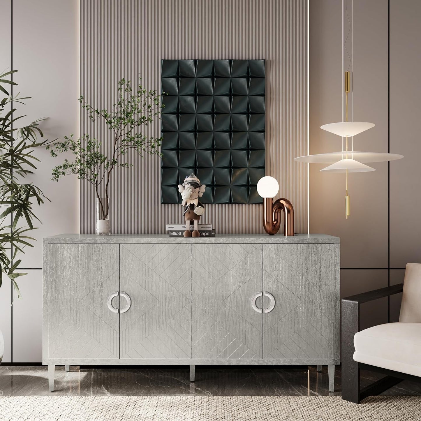 Contemporary 60 Inch Silver Sideboard Buffet Cabinet