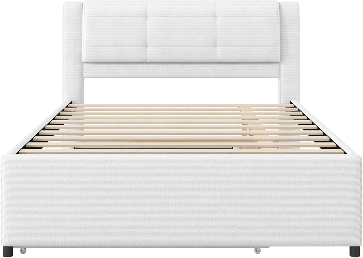 Beige Full Size Upholstered Platform Bed With Trundle