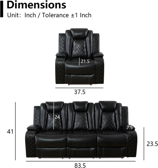 Black Leather Reclining Sofa Set With LED Light Living Room