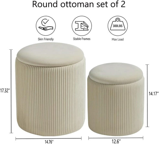 White Storage Ottoman Round Velvet Upholstered Set