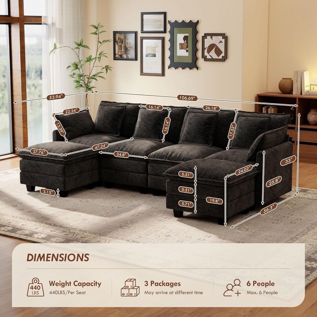 106-Inch Modular Cloud Sofa Black Sectional Modern