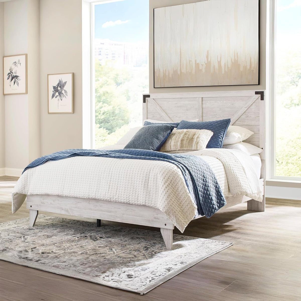 Queen Cross buck Platform Bed White wash Durable Frame