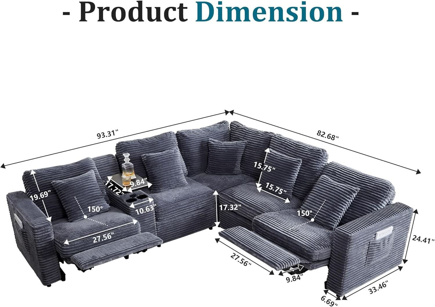 Blue Modular Sectional Sofa With Electric Recliners