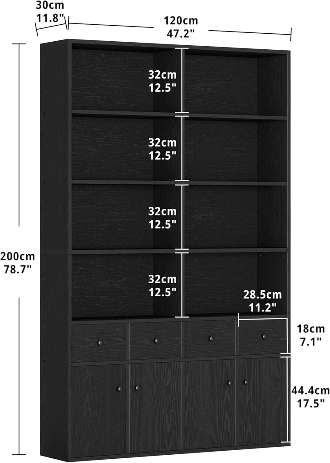 Vintage Black 78.7 Inch Floorstanding Library Bookcase