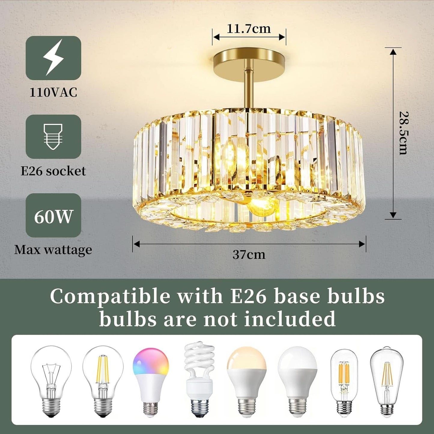 Gold Crystal Ceiling Light 14 Inch Contemporary Style