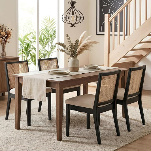 BeigeTextured Rattan Dining Chairs CaneBack Set Two