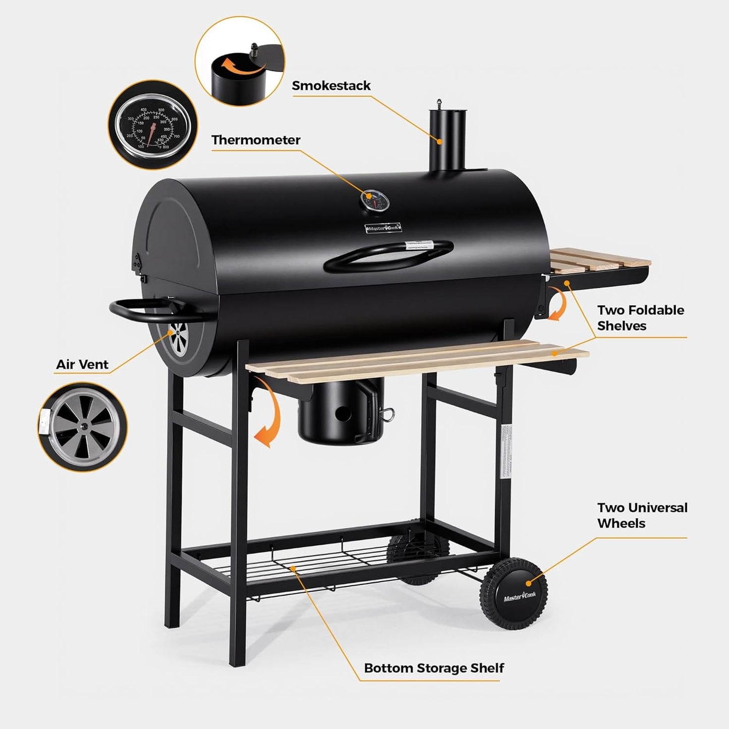 Barrel Charcoal Grill Thermometer With Adjustable Vents