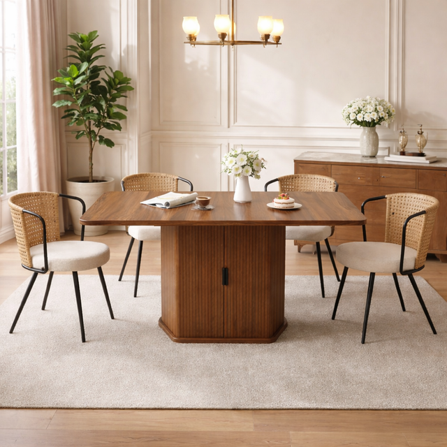 47"-63" Extendable Dining Table Set with 4 Upholstered Chairs, Storage Base, Brown