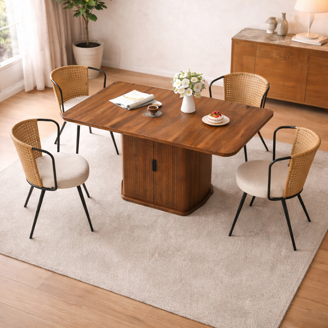 47"-63" Extendable Dining Table Set with 4 Upholstered Chairs, Storage Base, Brown