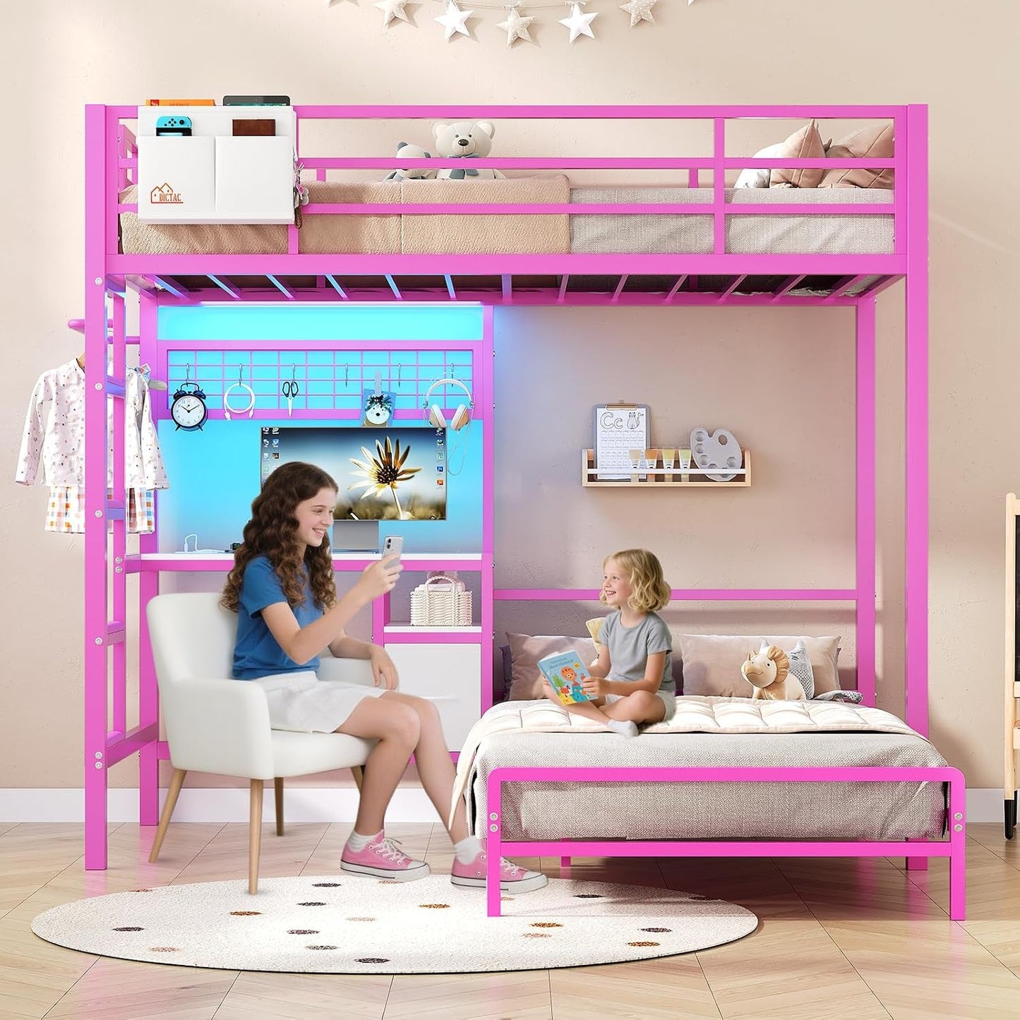 Twin Over Twin Bunk Bed With Desk USB Charging Storage