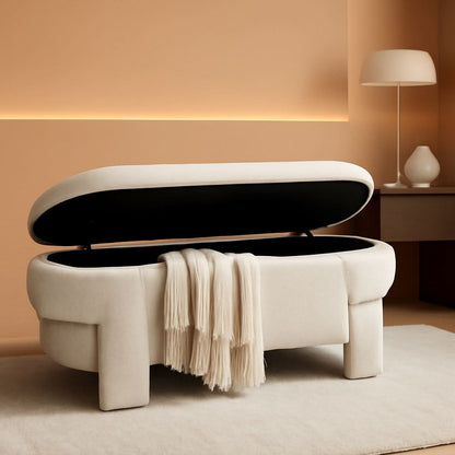 Beige Linen Upholstered Storage Ottoman With Hinges