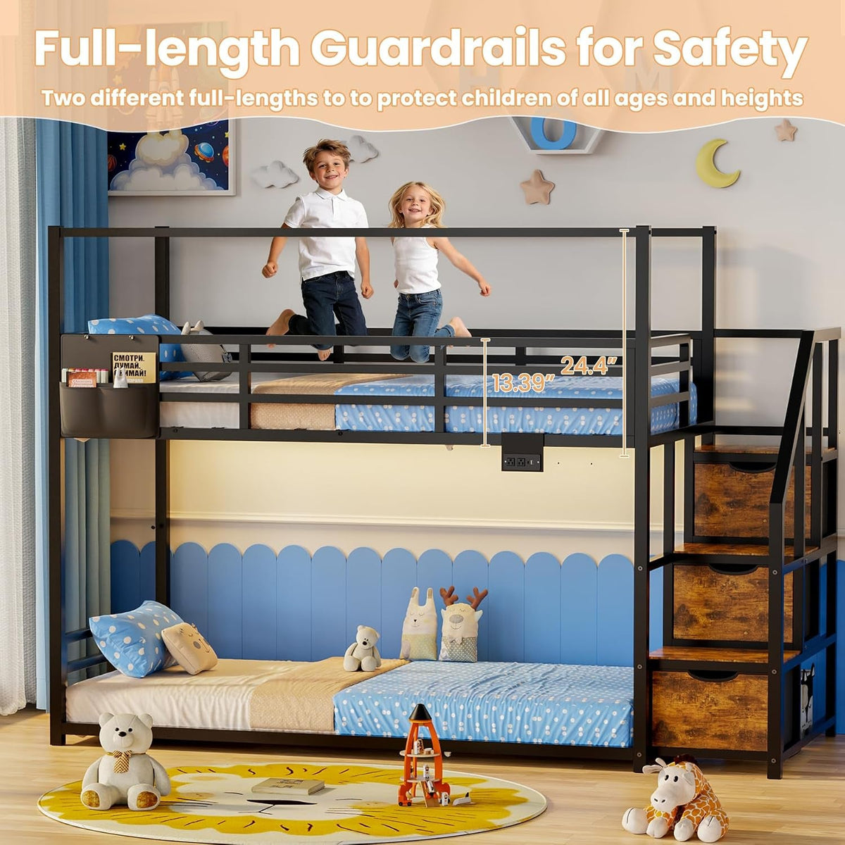 TwinOverTwin Black Metal Bunk Bed With StorageDrawers