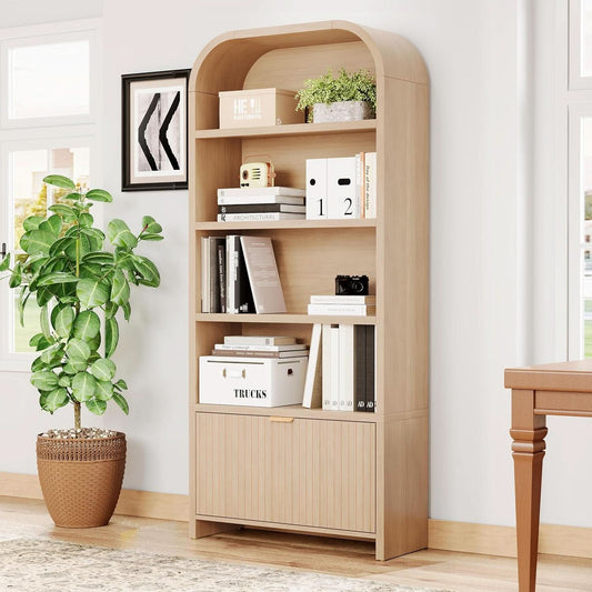 Arched Bookcase With Fluted Drawer Seventy Inch Natural
