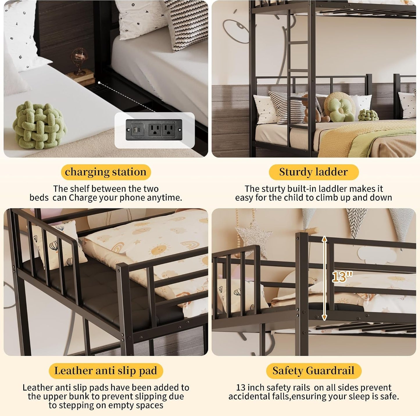 Obsidian Black Triple Bunk Bed With Charging Station