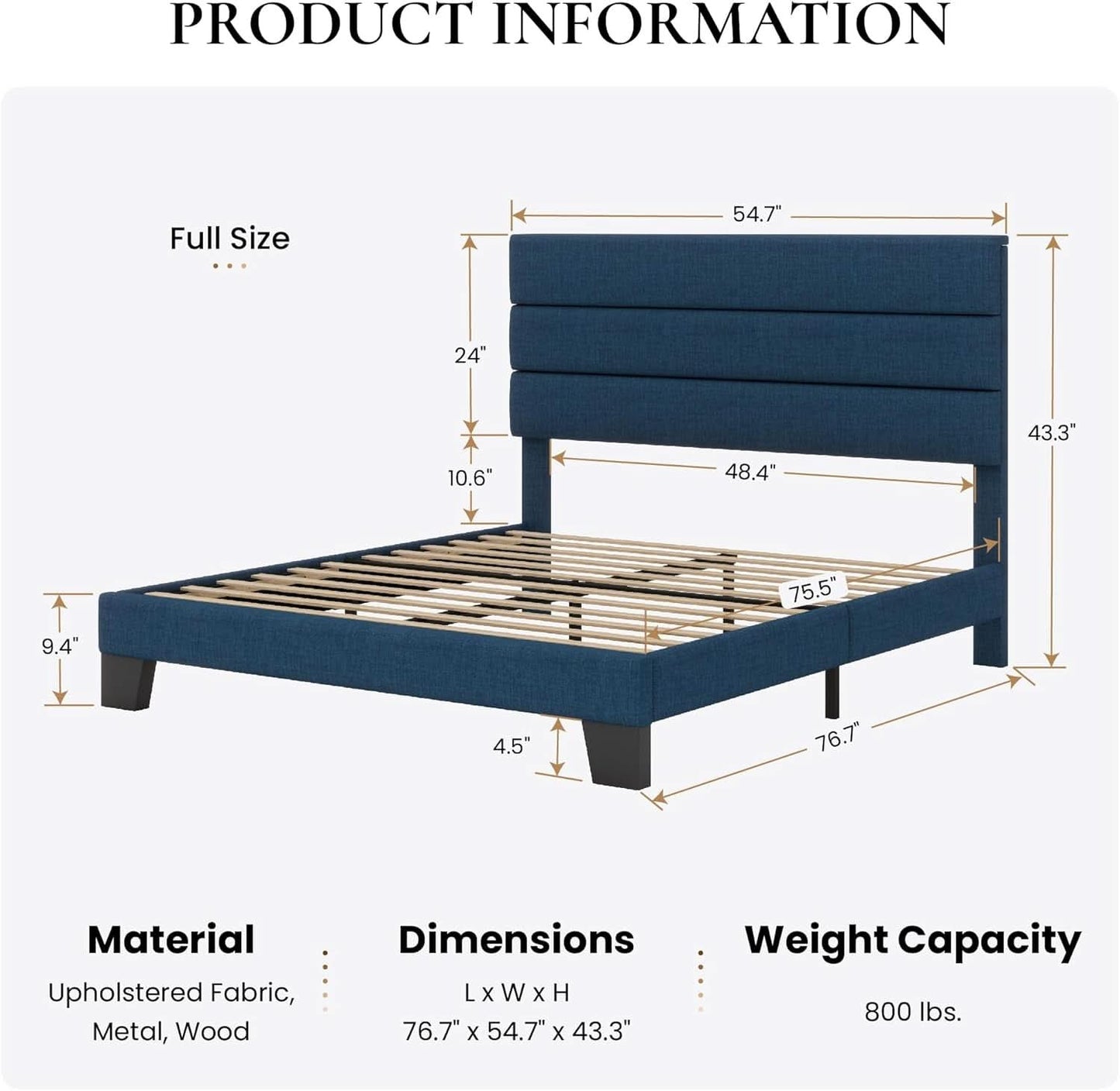 Full Platform Bed Frame Blue Upholstered Headboard