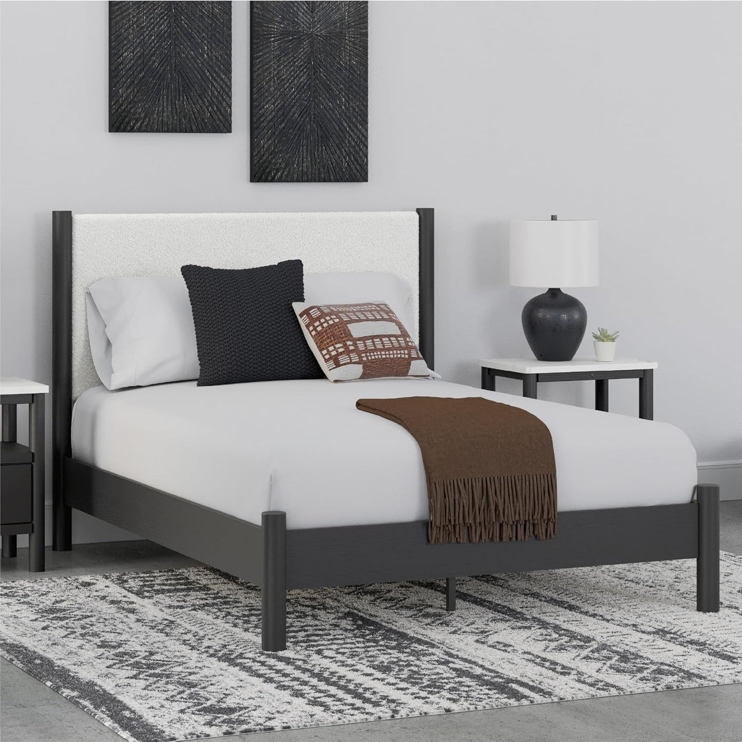 Queen Upholstered Platform Bed Matte Black Silhouette