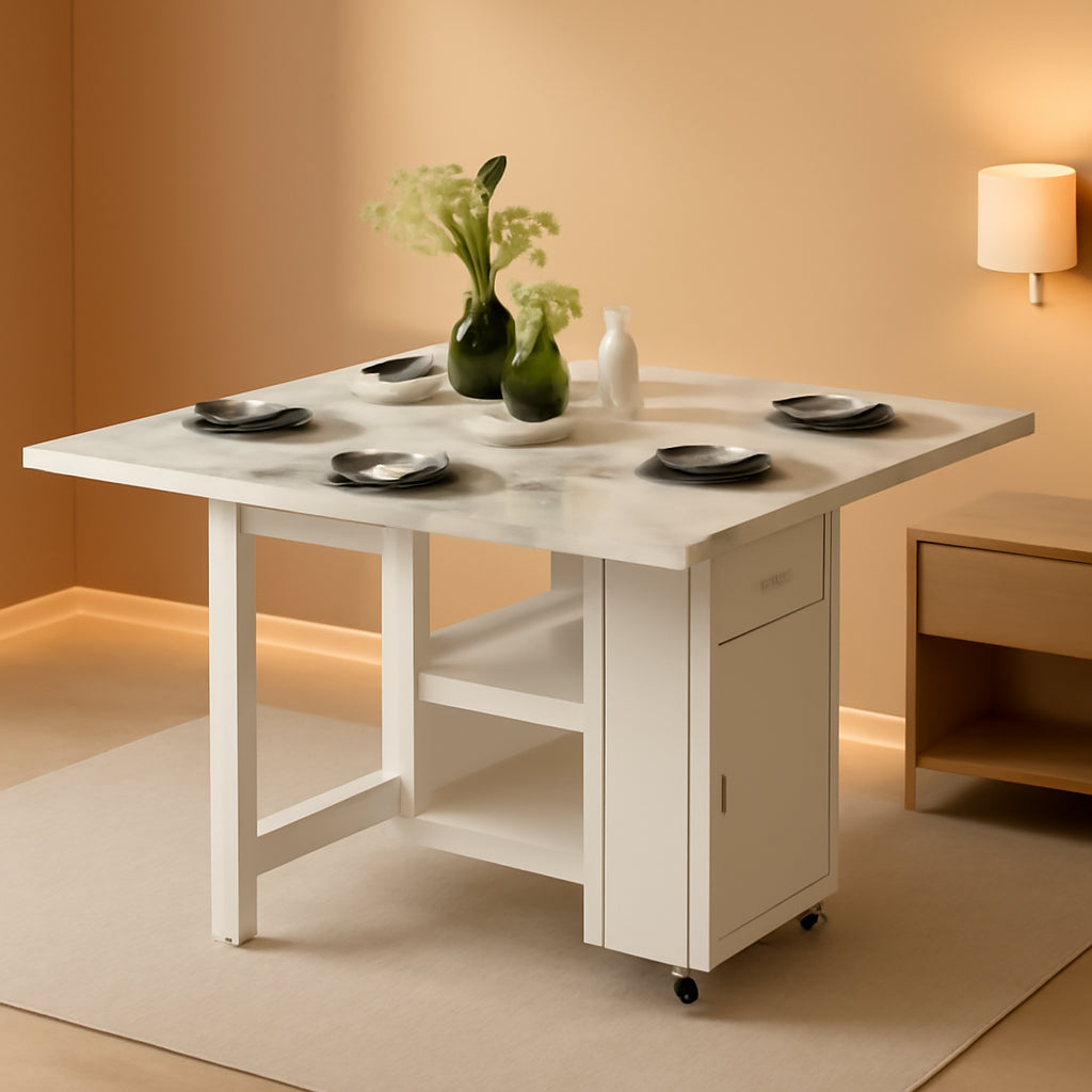 White Folding Extendable Dining Table Marble Storage