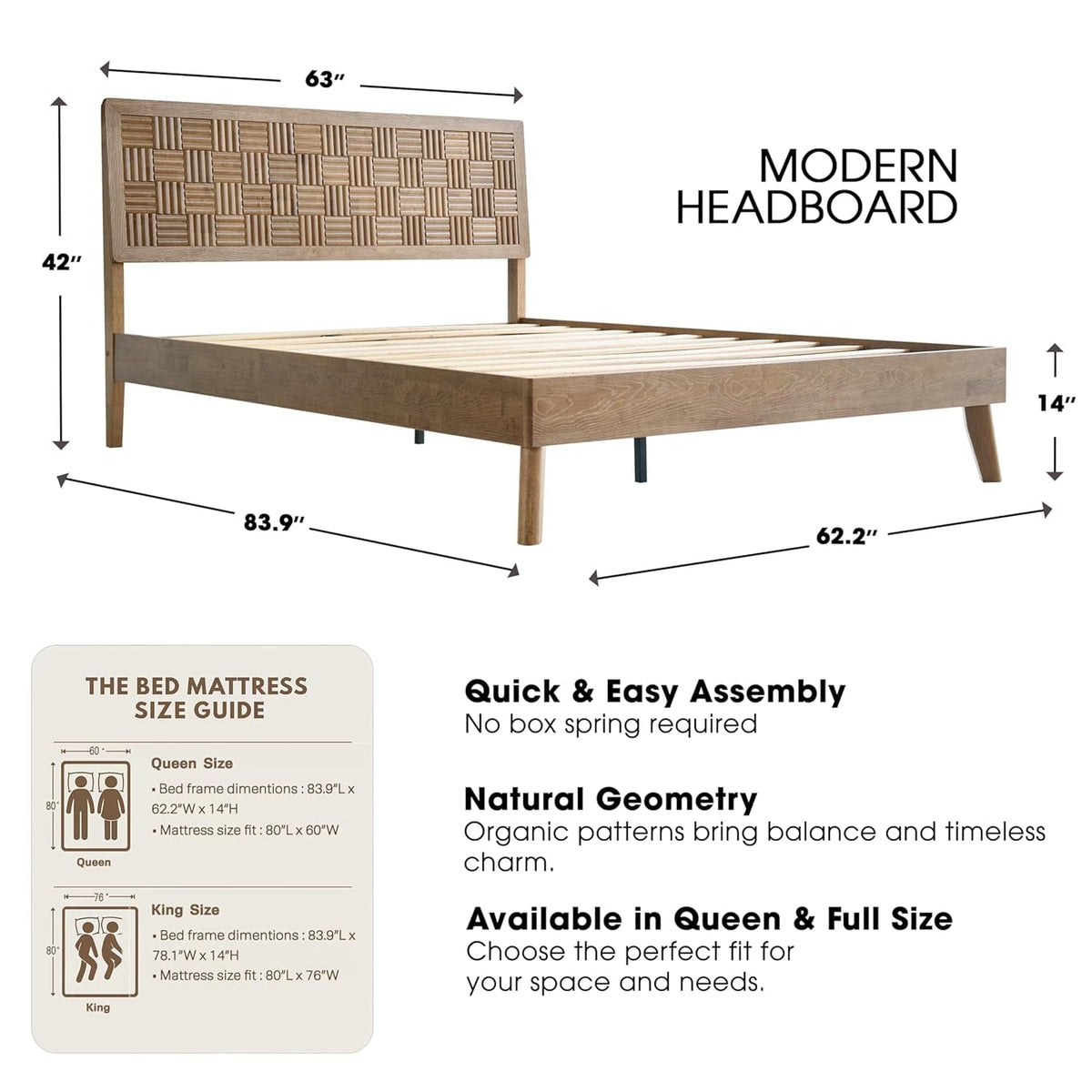 Queen Size Hand crafted Solid Wood Platform Bed frame