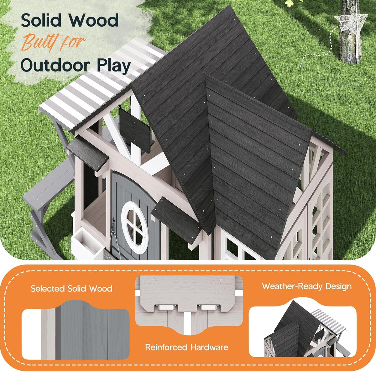 Large Wooden Outdoor Playhouse With Kitchen Features