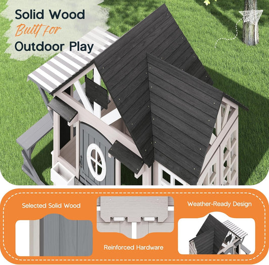 Large Wooden Outdoor Playhouse With Kitchen Features