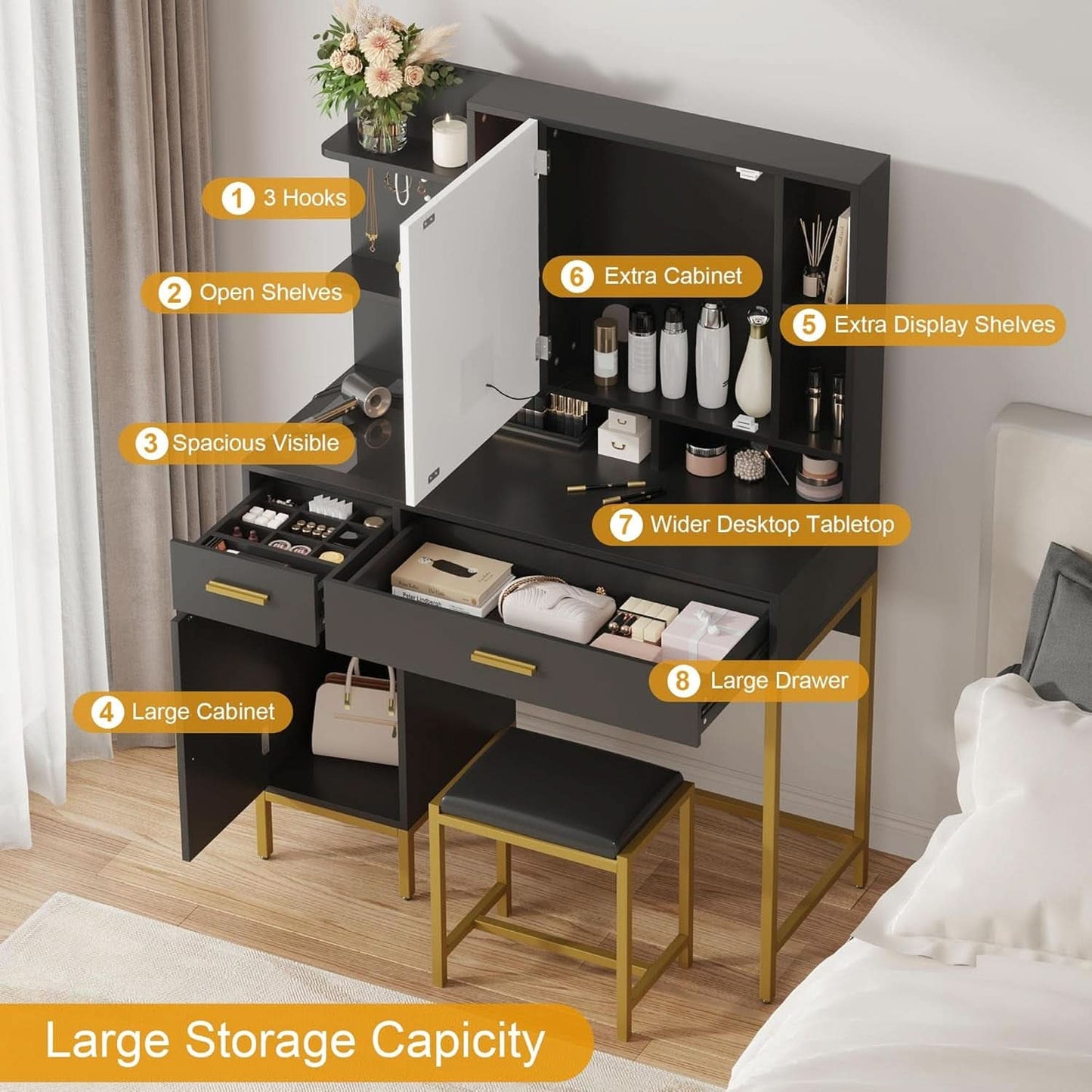 Black Vanity Desk With Multifunctional LED Lighting