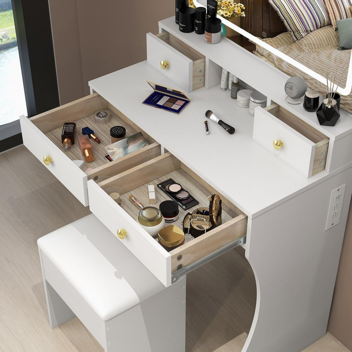 White Vanity Desk Featuring Multifunctional LED Mirror