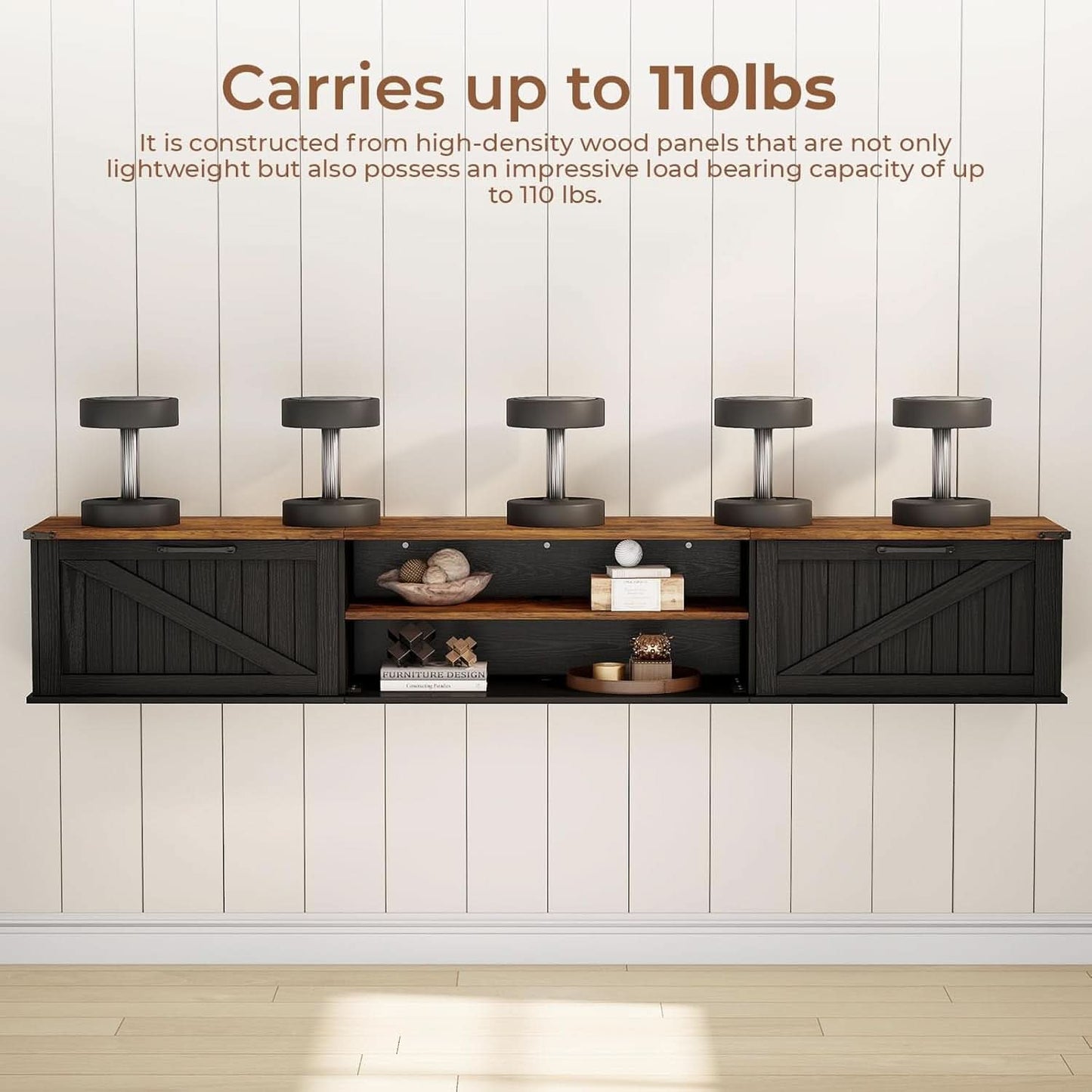 Seventy Inch Floating TV Stand Featuring Doors Black