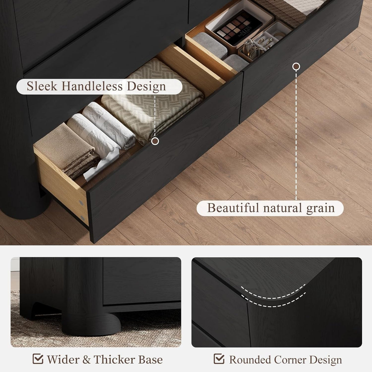 Black Six Drawer Dresser With Contemporary Woodgrain