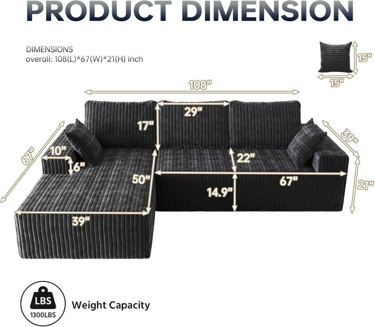 108-Inch Modular Sectional Couch With Oversized Chaise