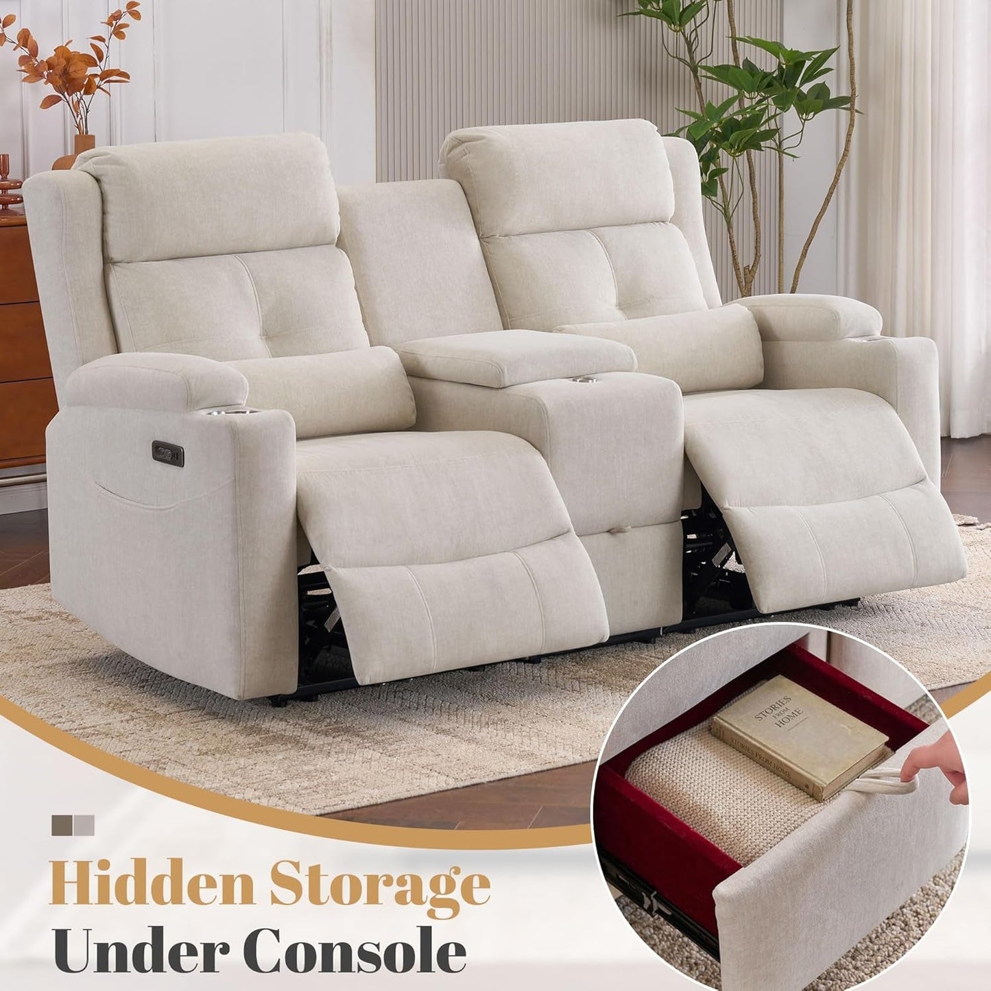Beige Tray Table Power Reclining Loveseat With Console