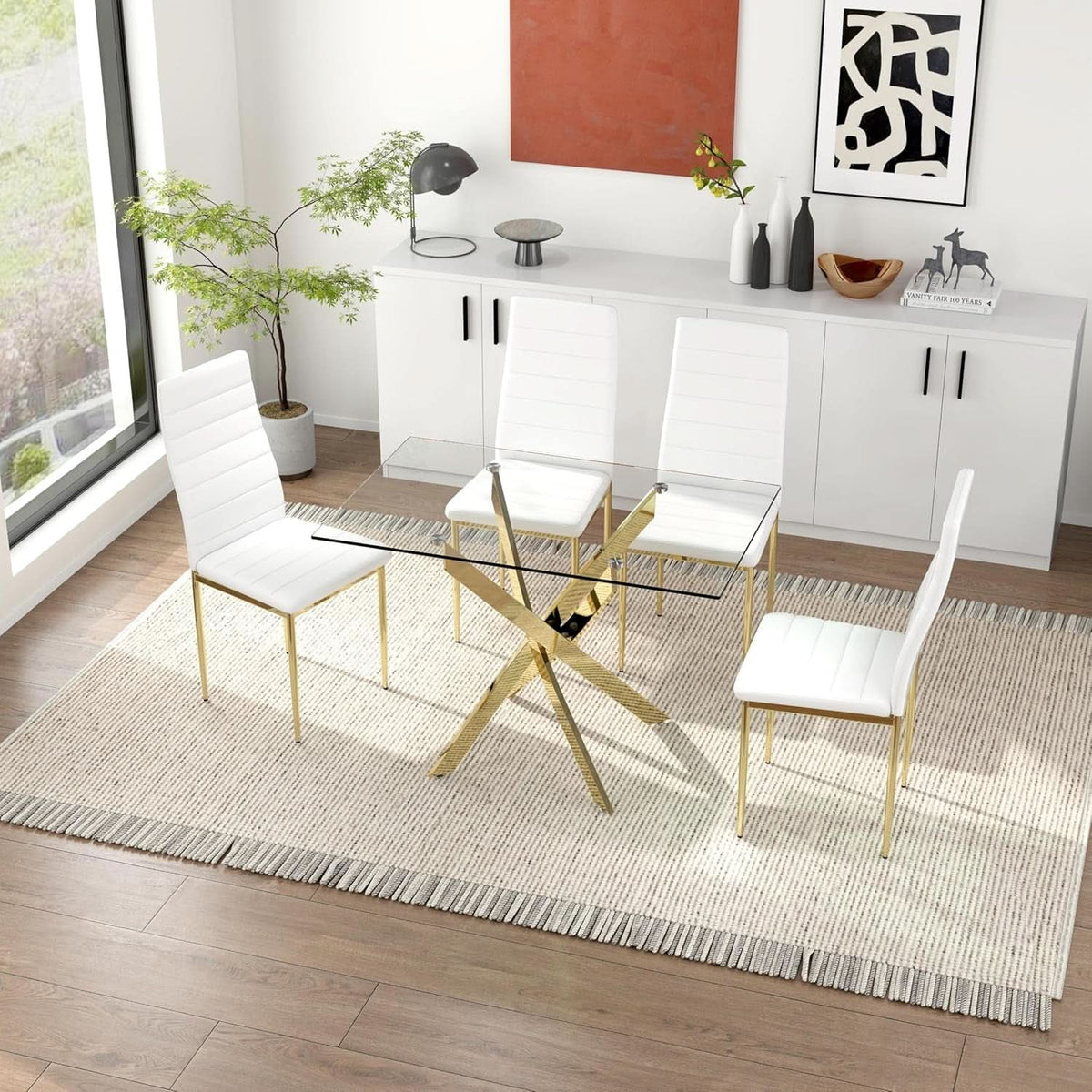 White Dining Chairs Set 4 GoldLegs Ergonomic Cushioned