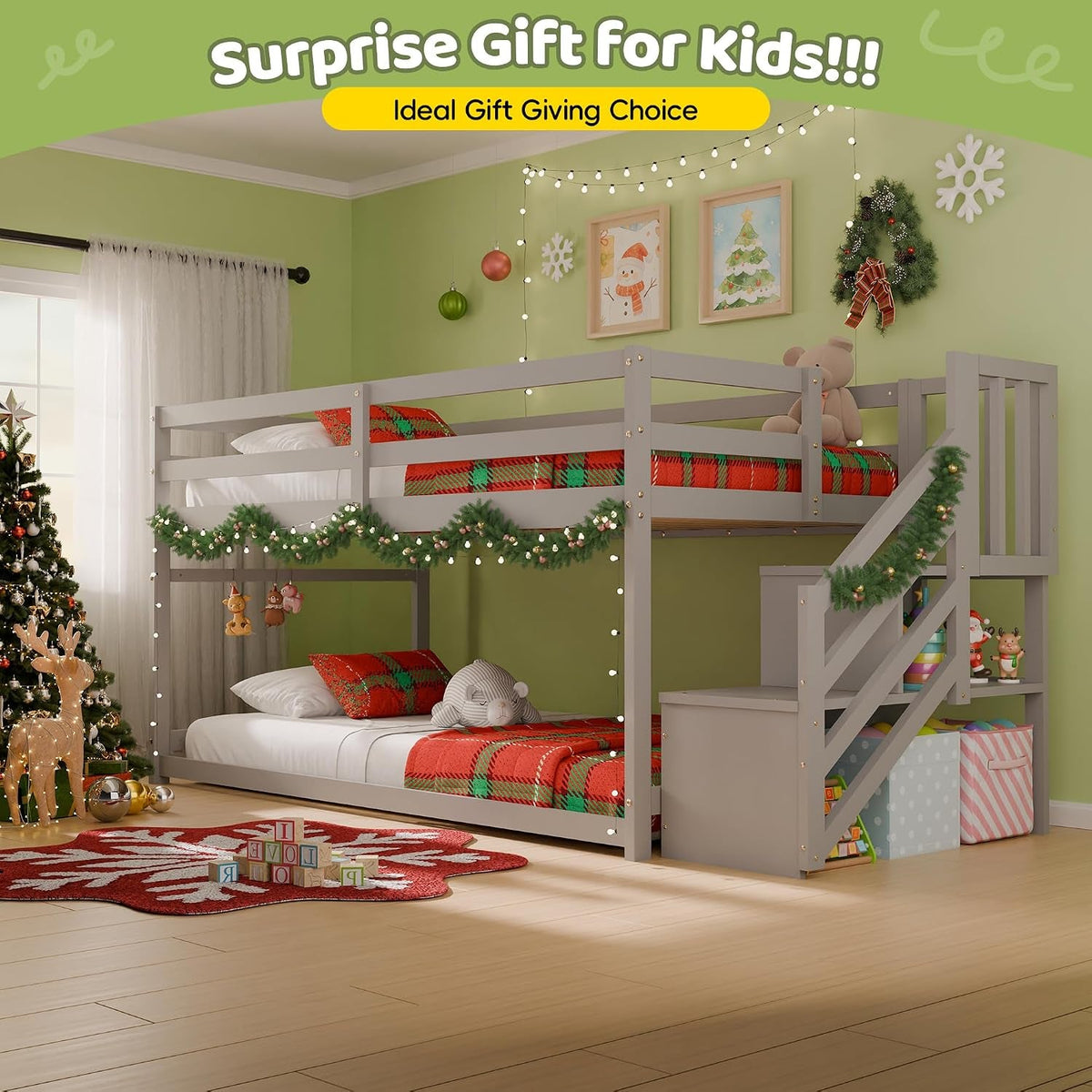 Charcoal Gray Space Saving Twin Over Bunk Bed Staircase