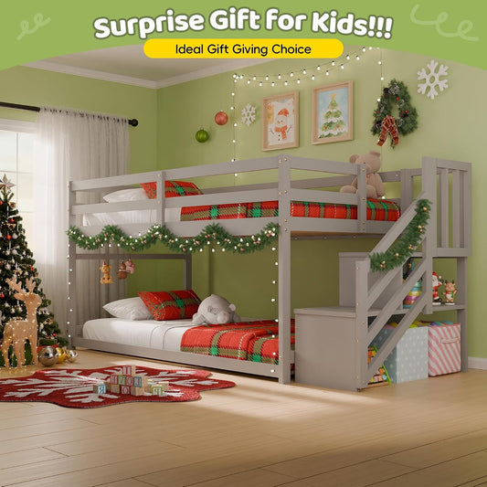 Charcoal Gray Space Saving Twin Over Bunk Bed Staircase