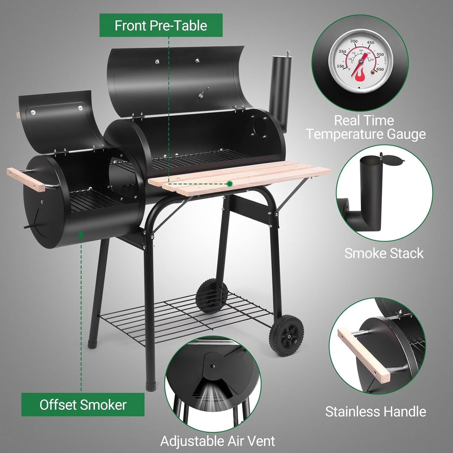 Offset Charcoal Smoker Barbecue Grill Large Chamber