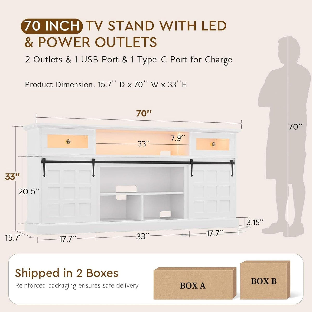 70Inch LED TV Stand Farmhouse White USB-Power Outlets