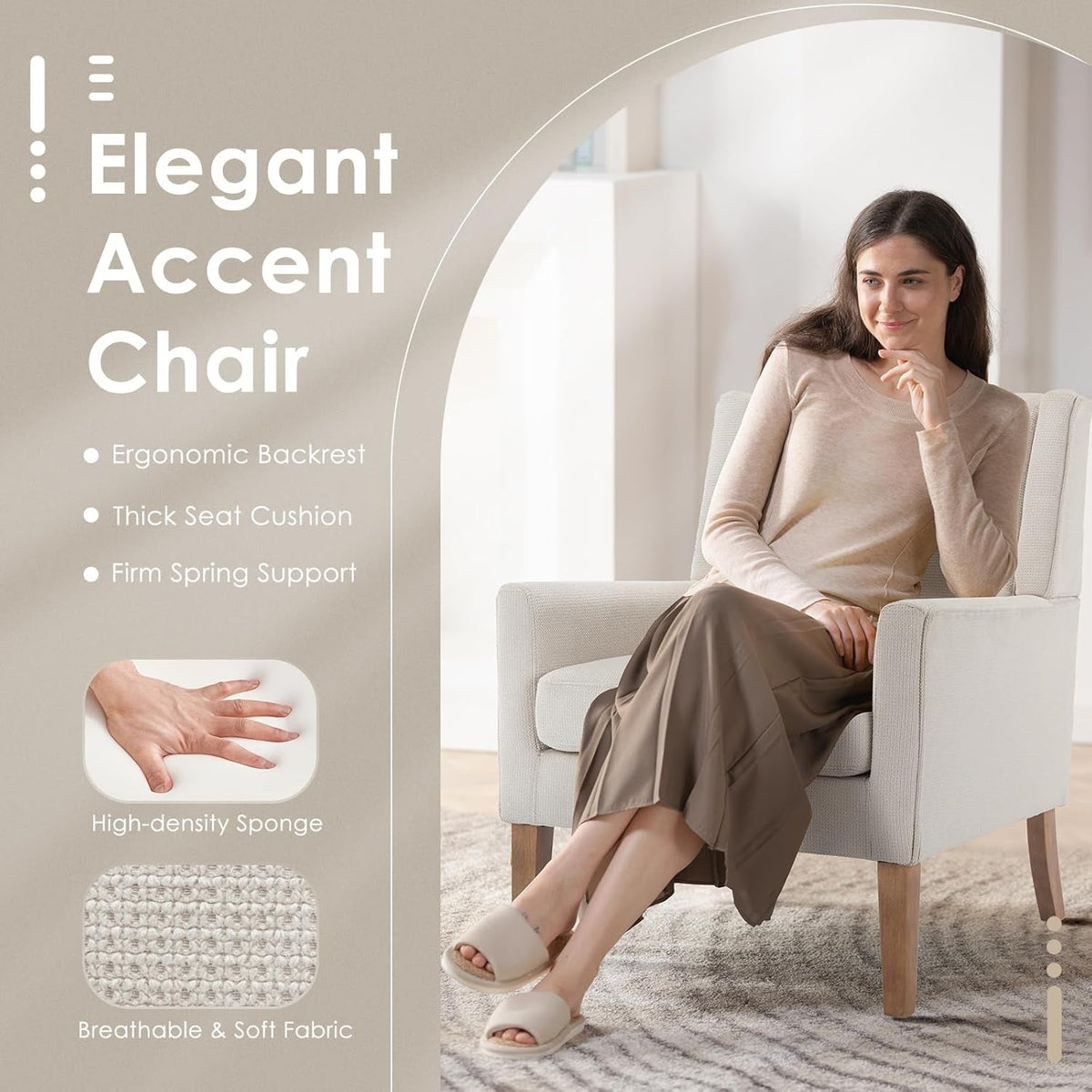 Beige Chenille Upholstered Wingback Chair With Wood