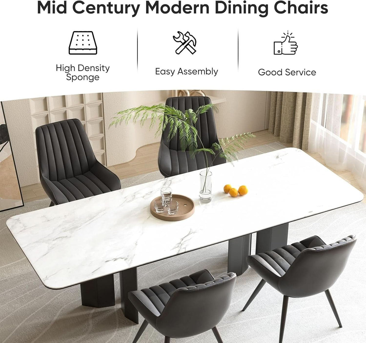 Black Modern Dining Chairs Set Of 4 With Thick Cushions