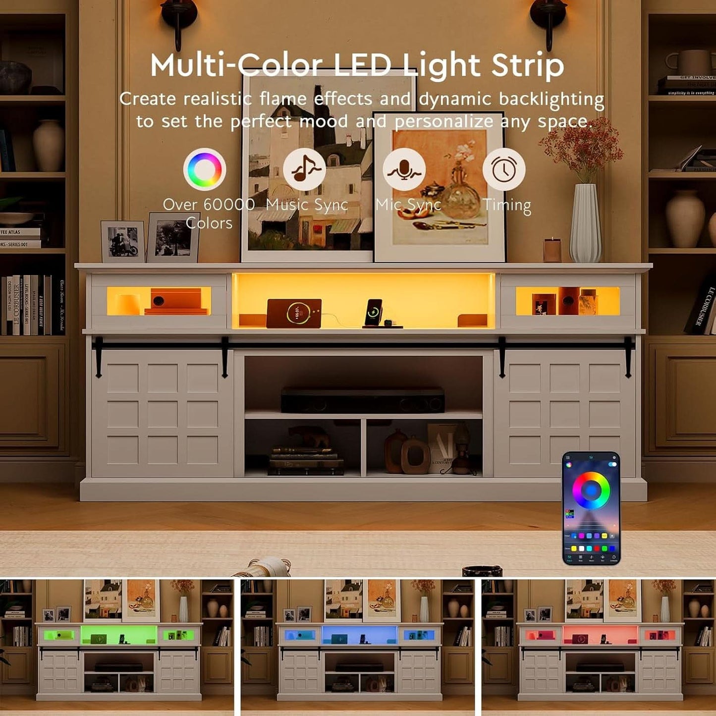 70Inch LED TV Stand Farmhouse White USB-Power Outlets