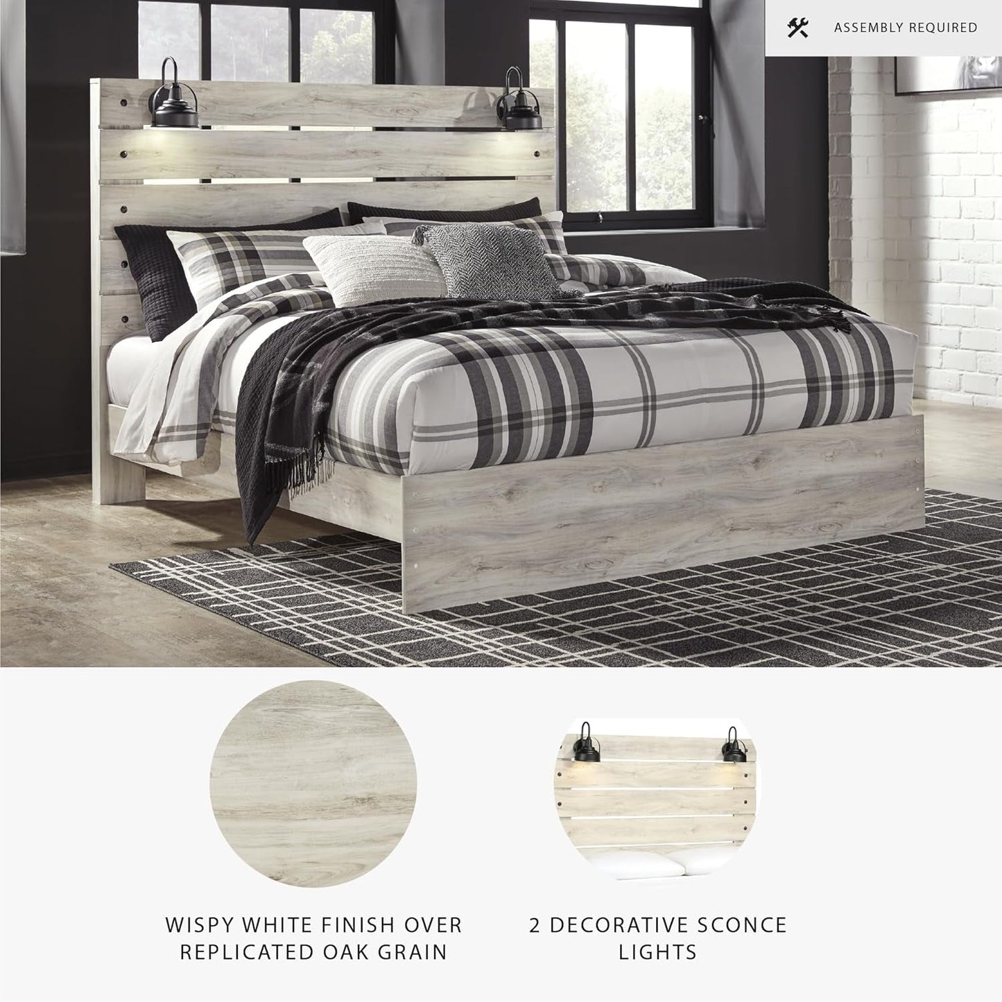 Antiqued Finish Whitewashed King Panel Bed USB Ports