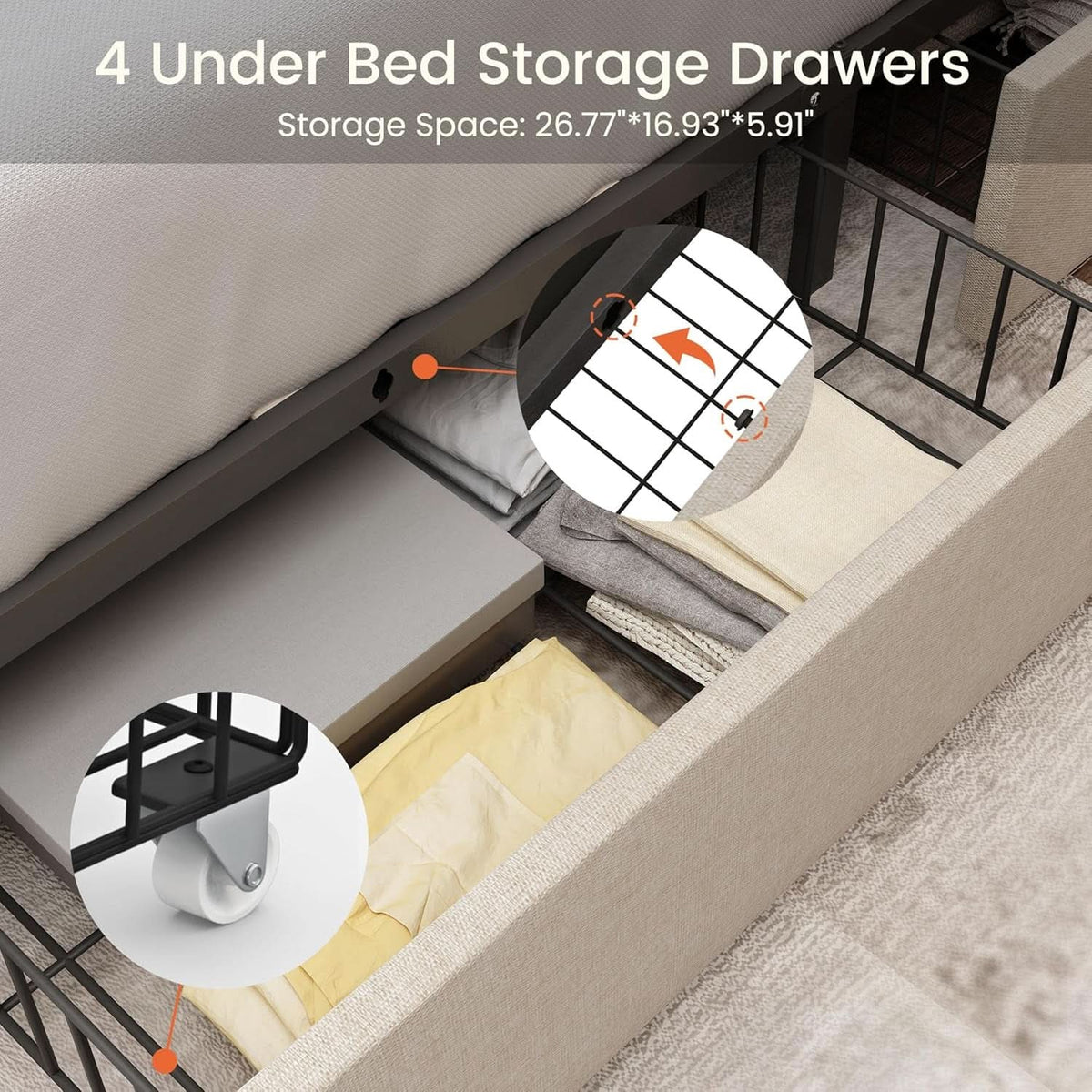Queen Bed Frame Beige Linen Upholstered Storage Drawers