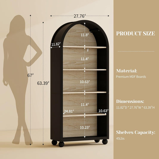 Tall Black Arched Bookcase Featuring Spacious Shelving