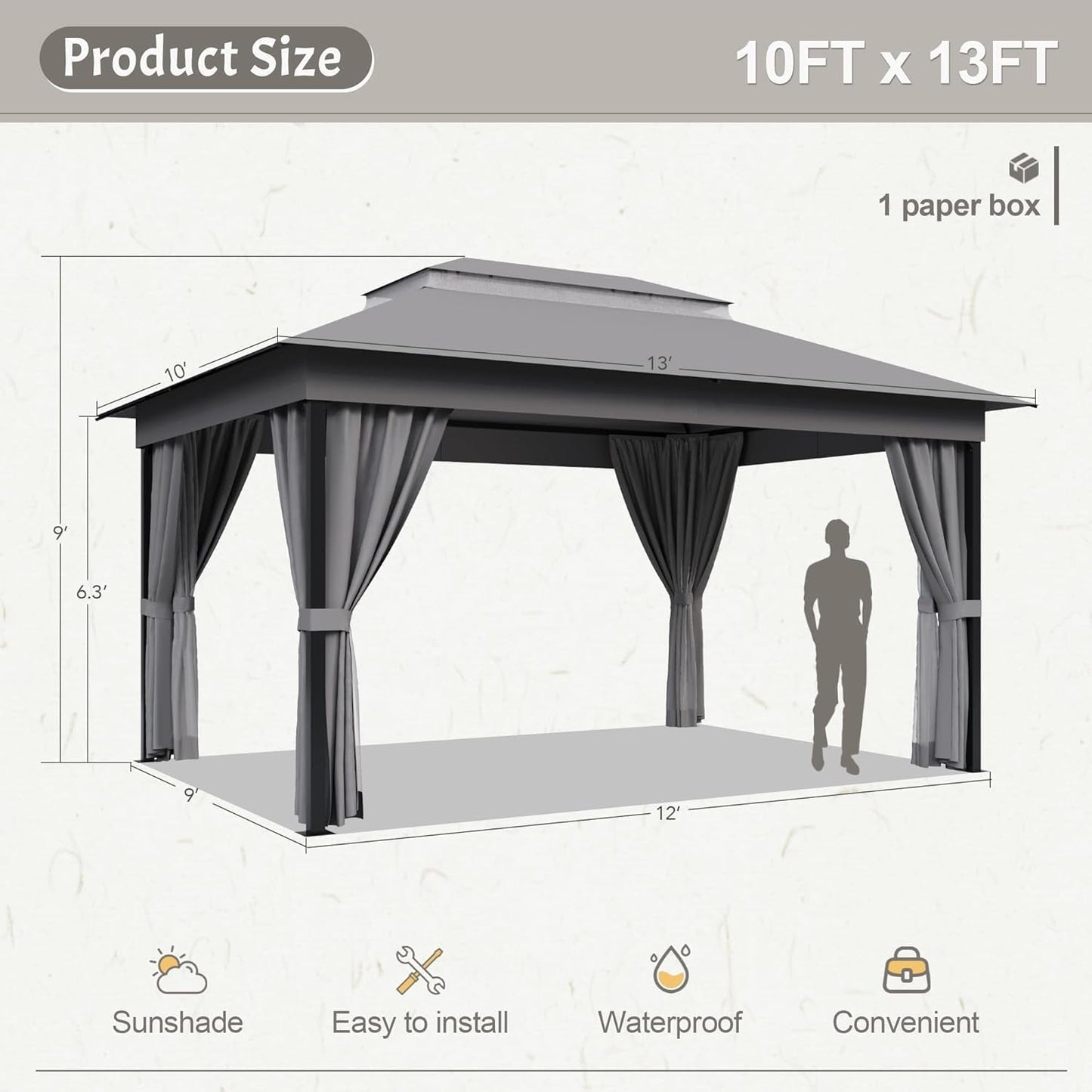 10x13 Outdoor Gazebo Integrated Mosquito Netting Grey