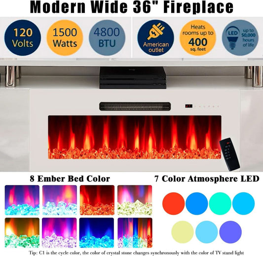 White 36-Inch Electric Fireplace TV Stand With 70-Inch LED Entertainment Center