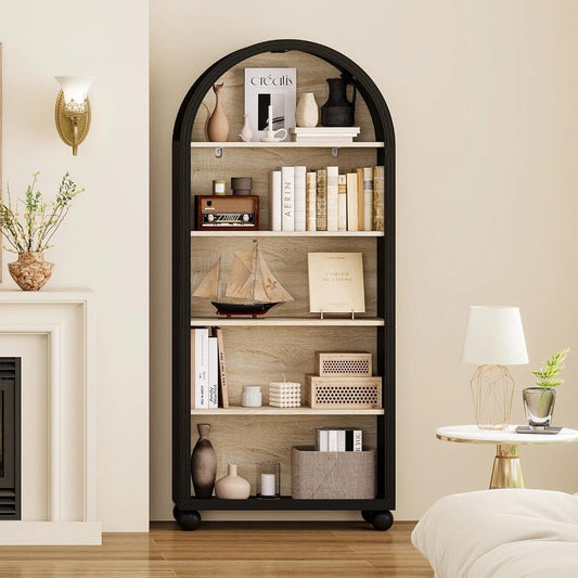 Tall Black Arched Bookcase Featuring Spacious Shelving