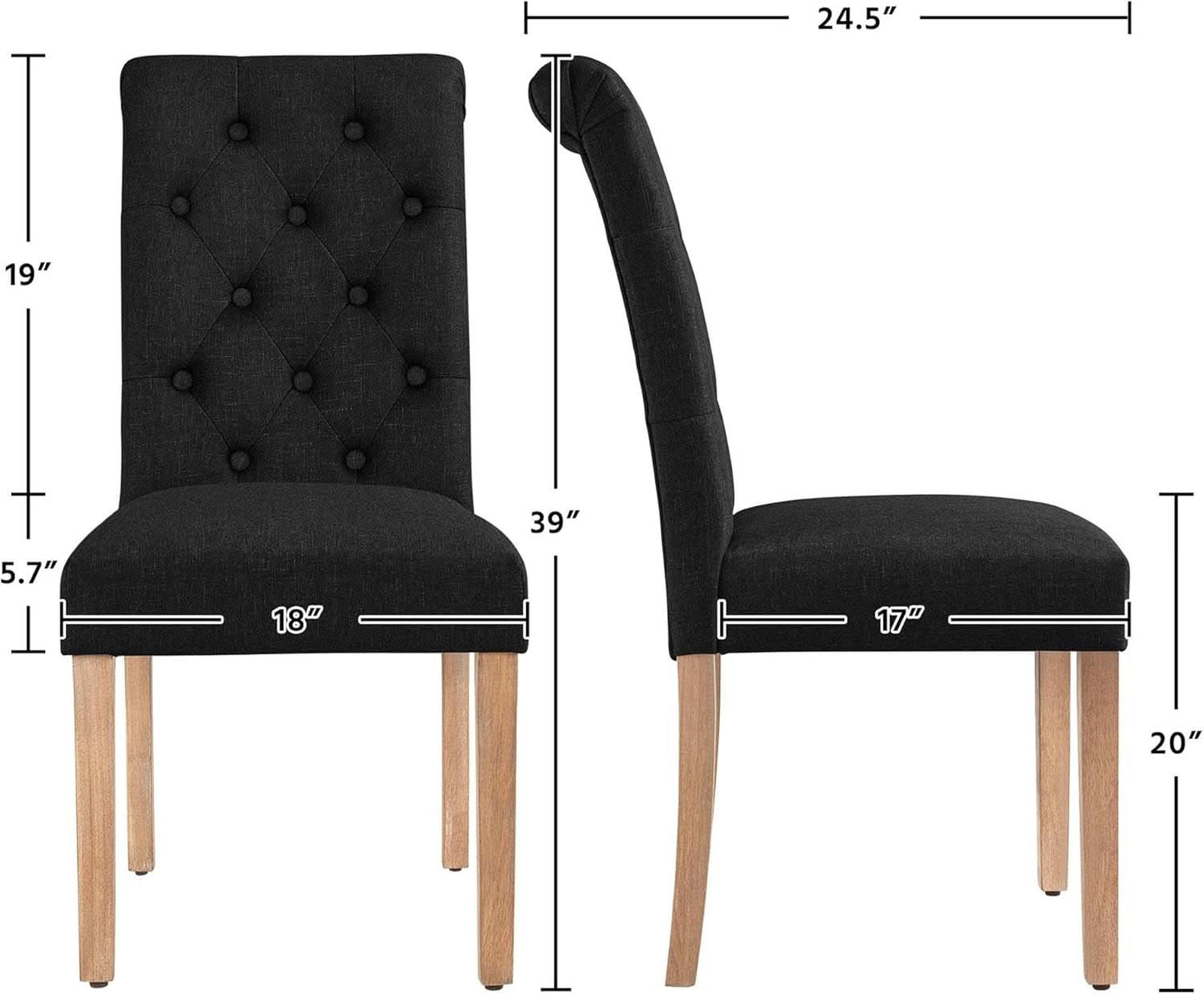 Tufted Upholstered Dining Chair Pair With Solid Wood Legs Black