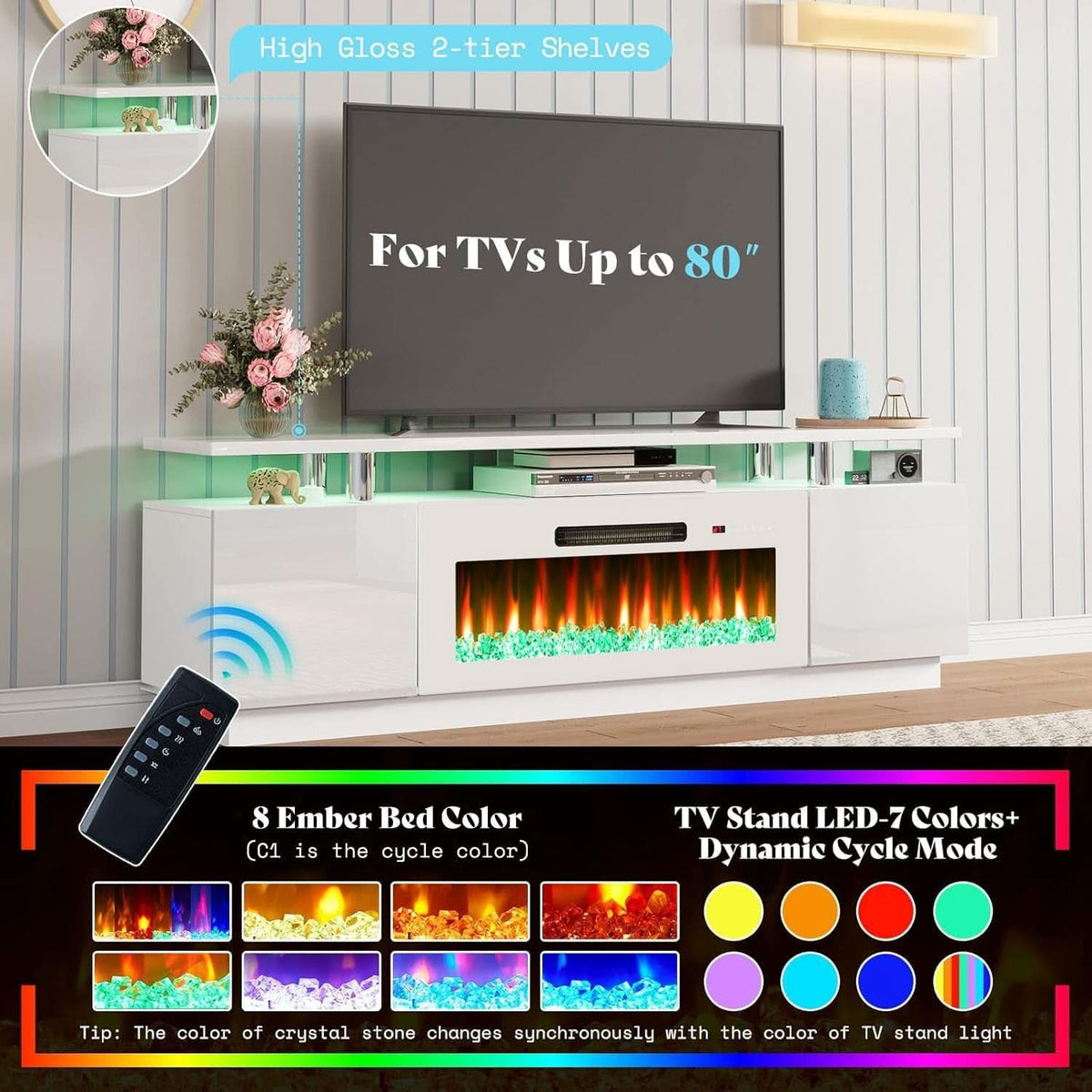 White 36-Inch Electric Fireplace TV Stand With 70-Inch LED Entertainment Center