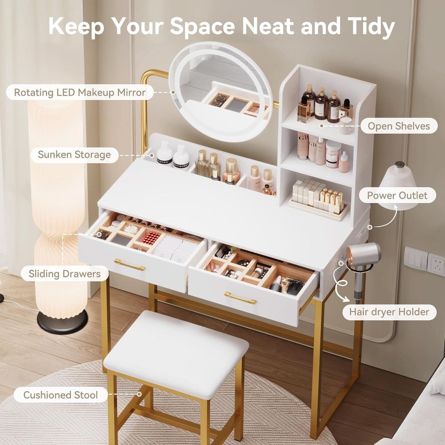 White Gold Vanity Console Table With Illuminated Mirror